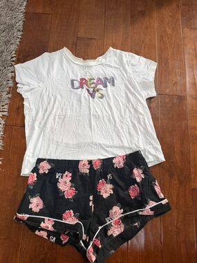 Victoria's Secret Black Floral Sleep Shorts with Pink Roses and White Shirt